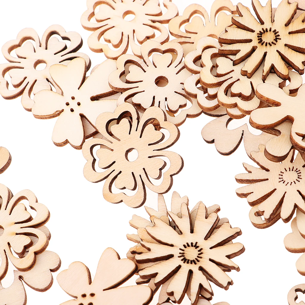 50pcs Wood Hollow Cutouts MDF Wooden Flowers Embellishment Buttons Flatbacks Craft for Scrapbooking Cardmaking DIY Decorations