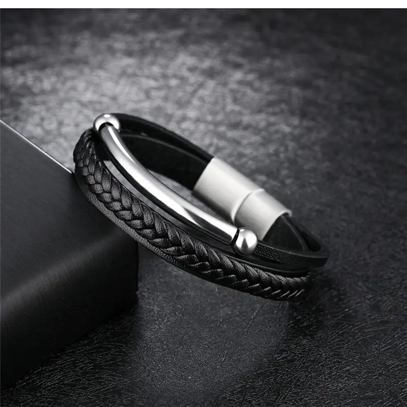 

GAGAFEEL Custom DIY Engrave Men Leather Bracelet Jewelry Stainless Steel Simple Style Three Layers Magnectic Buckle Bangle