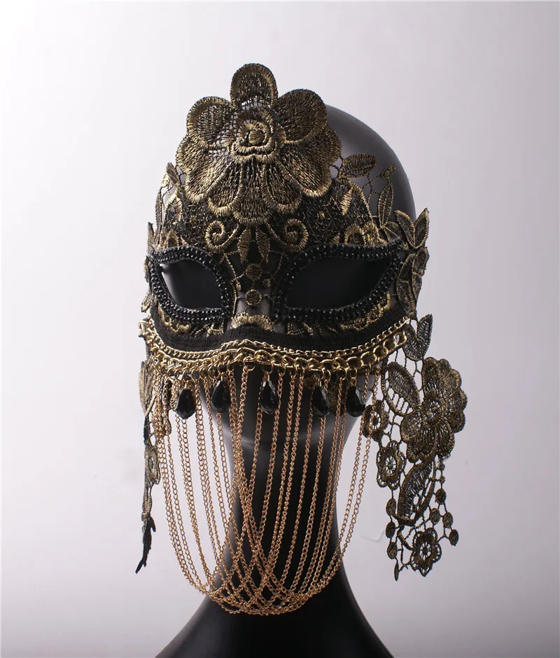 Маска на половину лица с золотыми цепочками для мужчин и женщин; кружевные вечерние маски для маскарада для взрослых; Венецианская маска на Хэллоуин