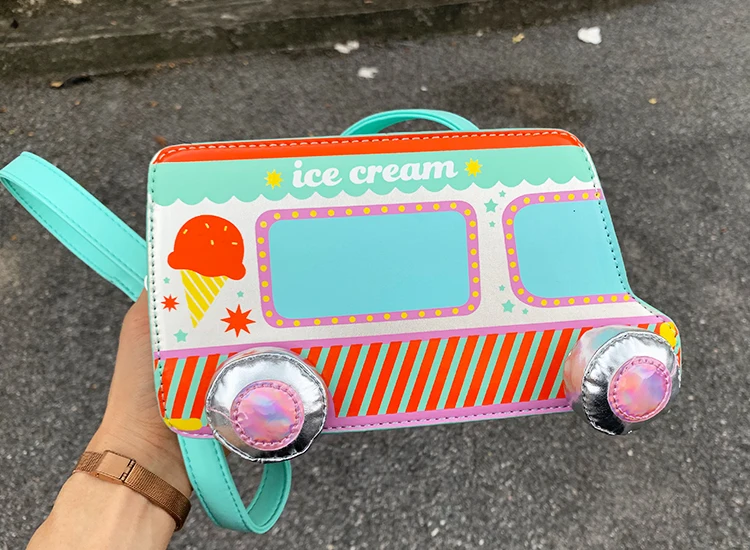 New Cute Cartoon Ice Cream Car Color Stripe Pu Young Girl's Shoulder Bag Handbag Crossbody Mini Bag Women Pouch Totes Bag Flap