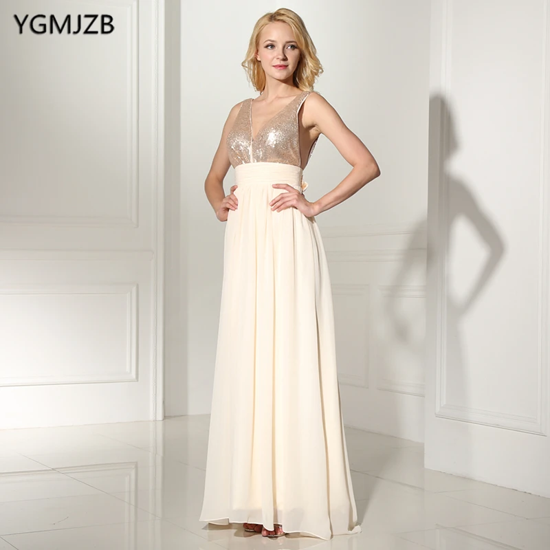 Bridesmaid Dresses 2018 A Line V Neck Sequined Top Floor Bridesmaid Dresses 2018 A Line V Neck Sequined Top Floor Length Chiffon Wedding Party Dress Backless Long