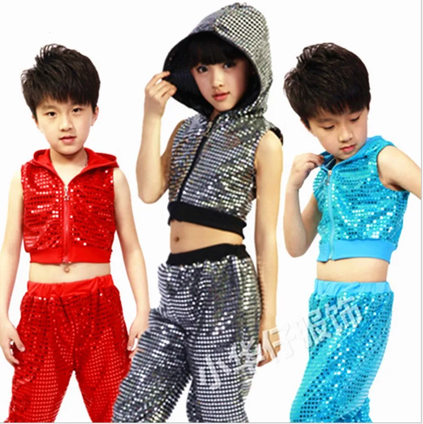 Free shipping,children girl boy performance Hip hop Jazz modern dance suit costume clothes hooded sequined costumes clothing
