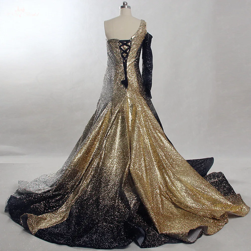 RSE863 One Off Shoulder Long SLeeve Evening Gown Gold& Black& Silver Glitters Shine Bling Bling Vestido De Festa Longo De Luxo