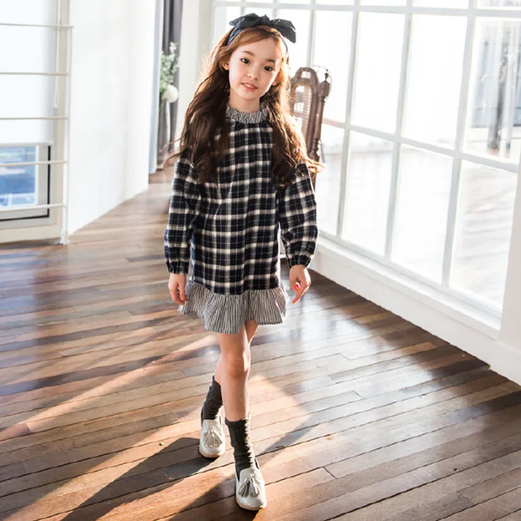 

2019 Spring Autumn Cotton Brushed Girls Clothes England Style Plaid Mini Dress Kids Girls Long Sleeve Dress Preppy Fashion