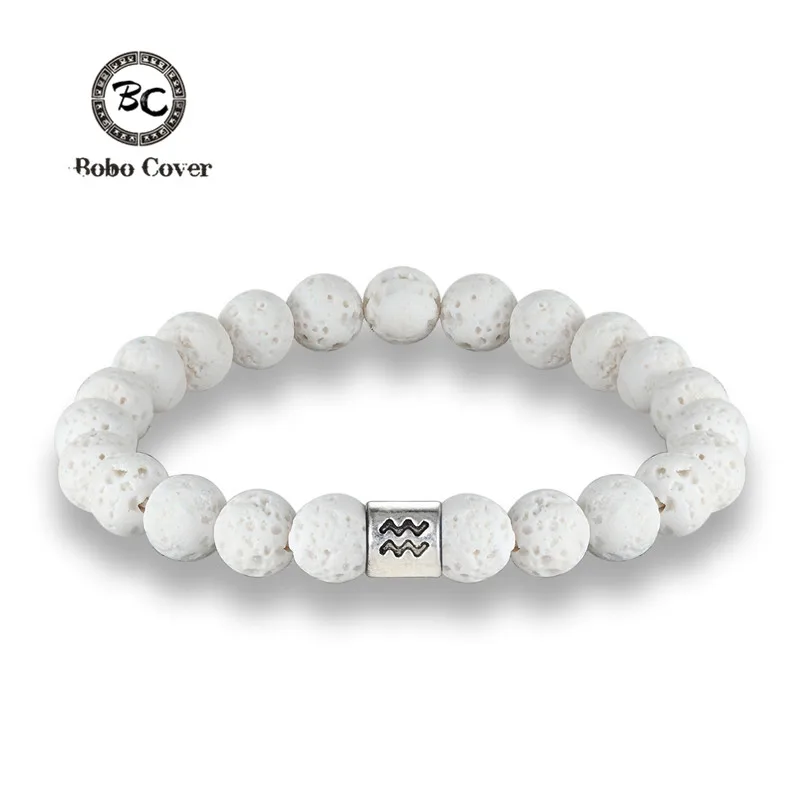 New 12 Zodiac Signs 8mm Beads Bracelets Handmade Vintage White Lava Stone Beads Elastic Bracelets Jewelry For Men Women Jewelry