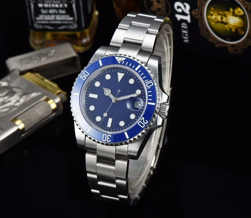 Для мужчин часы автоматический 40 мм стерильные синие светящийся циферблат из сапфирового стекла керамический Безель Дата двигаться Для мужчин t L40-5