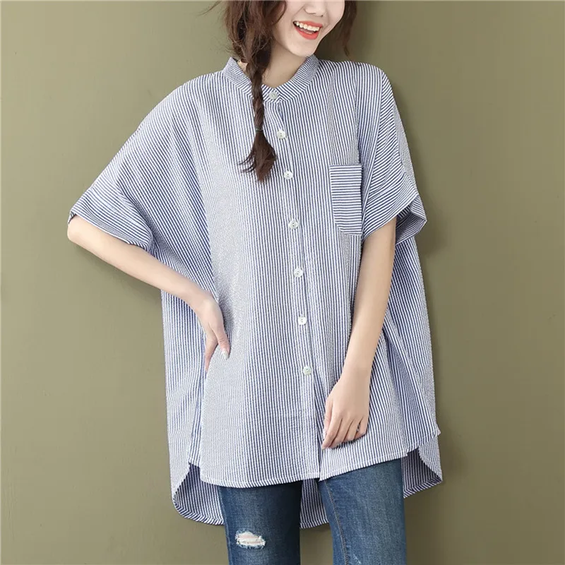 

Mew Arrive Female Fine Stripe All-match Casual Short-sleeve Shirt Female Plus Size Loose Medium-long Shirt