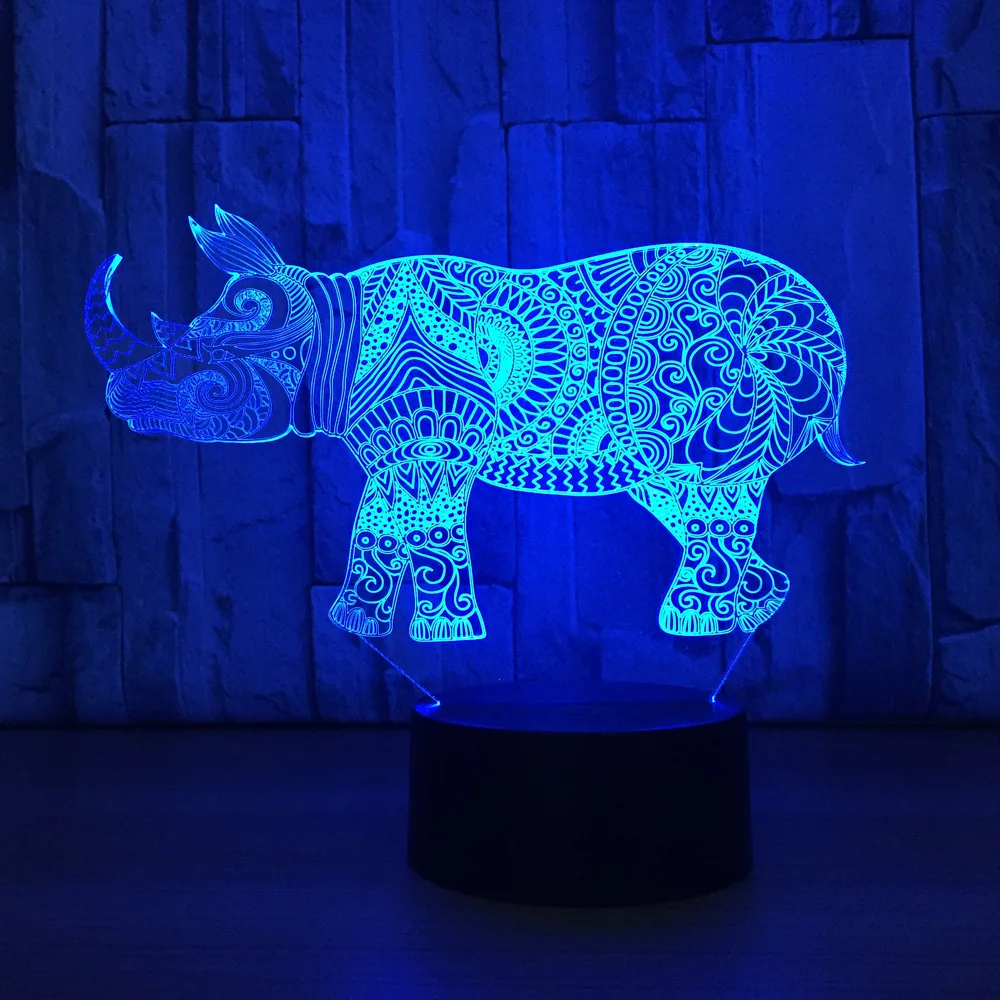 Носорог 3D Night Light 7 цветов свет настольной лампы Атмосфера дома декоративные огни 753