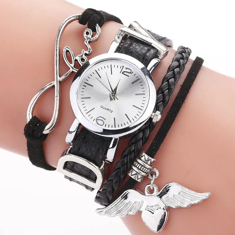 

Fashion small women ladies love angel wing bracelet watches lady female dress quartz wrist leather watches weave DIY wristwatch