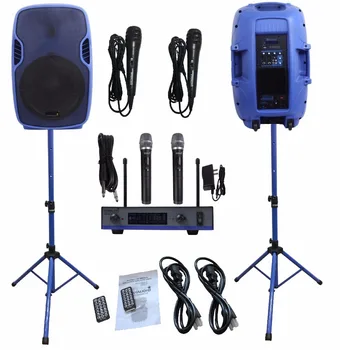 

2 STARAUDIO Blue 3500W 15"PA Powered Active DJ Stage BT USB SD MP3 Speakers W/2CH UHF Wireless Mics Stands Wired Mics SSBM-15