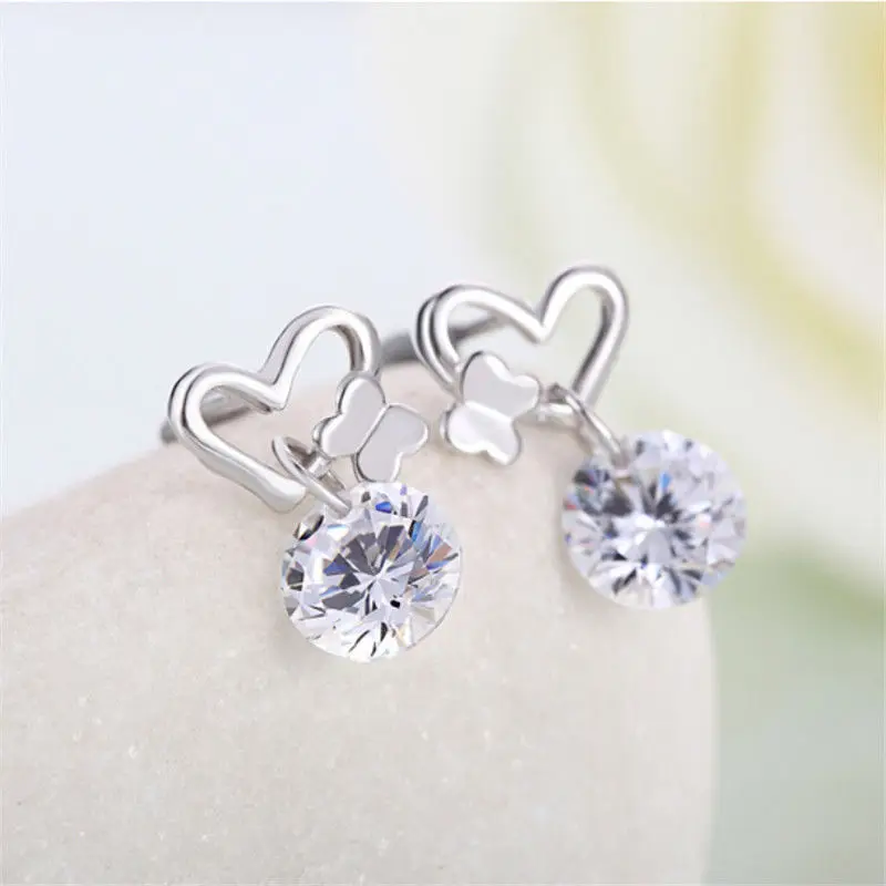 

1 Pair Silver Plated Women Femal Cute Charm Crystal Zircon Heart Butterfly Stud Earrings Lady Stud Earrings Romantic Style