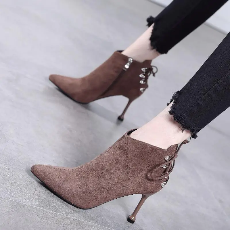 

Small fresh lace-up boots women's fine with pointed high-heeled boots autumn and winter plus cotton bare boots 2019 new ladies