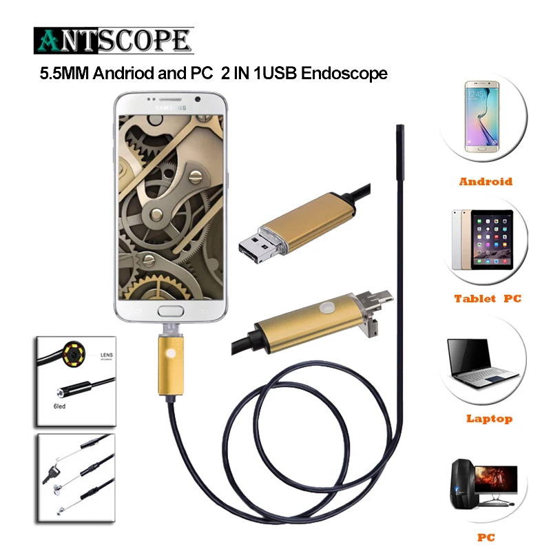 

Antscope Gold 2m 5m 10m 2IN1 Android Endoscope Camera Endoscopic Snake Tube Cameras Android PC Boroscope Inspection Mini Camera