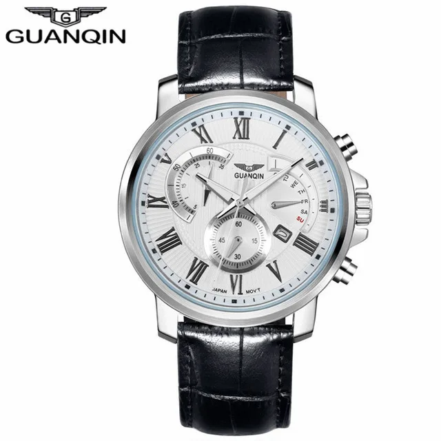 Мужские часы GUANQIN, мужские часы, военные спортивные наручные часы с хронографом, мужские роскошные кожаные кварцевые часы от ведущего бренда A - Цвет: black white
