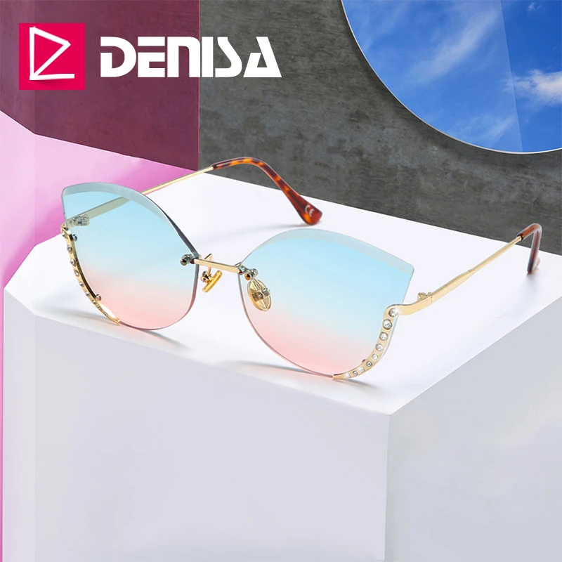 

DENISA Rhinestone Cat Eye Sunglasses For Women Luxury Rimless Ladies Sunglasses UV400 Gradient Glasses gafas de sol mujer G22073