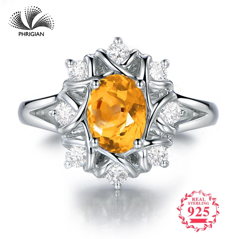 

NOT FAKE Fine natural Engraving Sterling silver gemstone oval cut ring boutique custom jewelry 925 carat Yellow Citrine RING