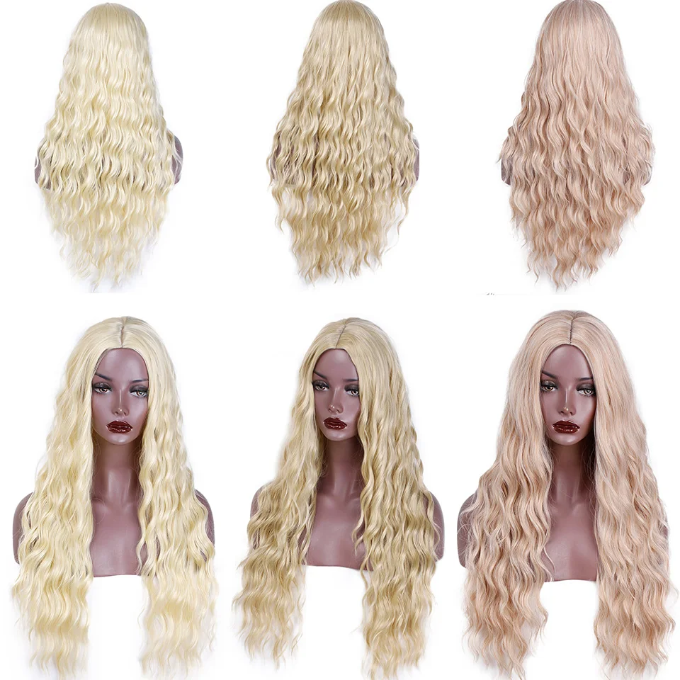 Jual Aisi Rambut 26 Inch Panjang Bergelombang Wig Hitam Ombre Coklat dan Merah Gelombang Sintetis Wig untuk Wanita Alami Bagian Tengah tahan Panas Rambut