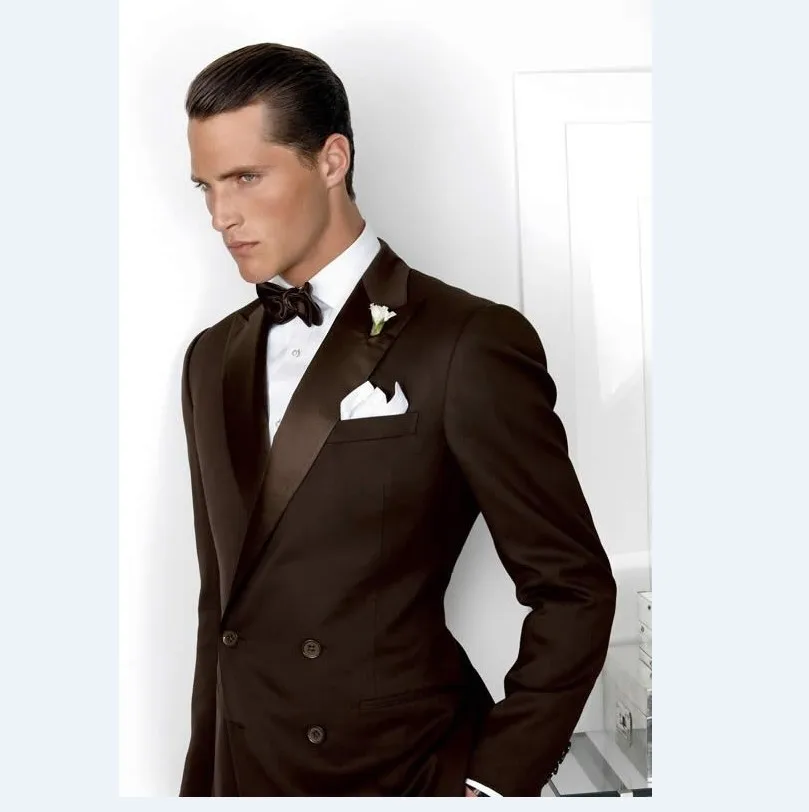 

Double-Breasted Groomsmen Peak Lapel Groom Tuxedos Chocolate Men Suits Wedding/Prom Best Man Blazer (Jacket+Pants+Tie) Z873