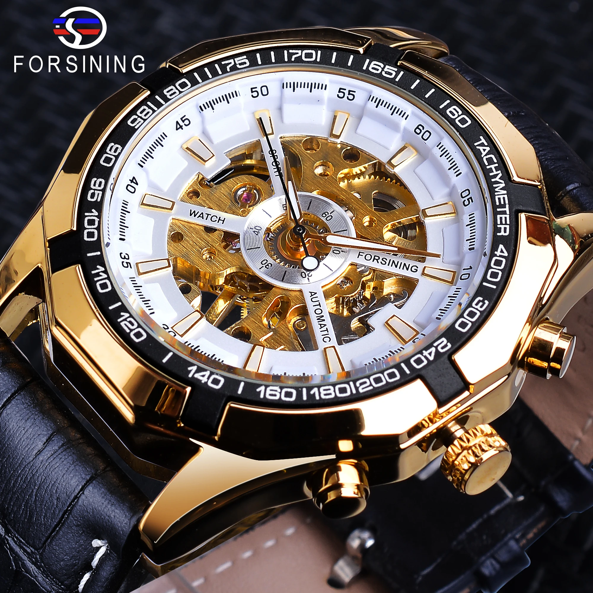 Forsining Luxury Automatic Mens Mechanical Watch Skeleton Black Golden