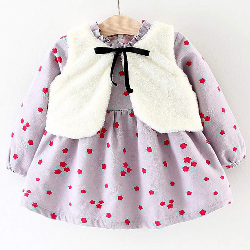 Осенне-зимняя одежда для маленьких девочек вельветовое платье с длинными рукавами и цветочным рисунком Модный меховой жилет детская одежда из 2 предметов