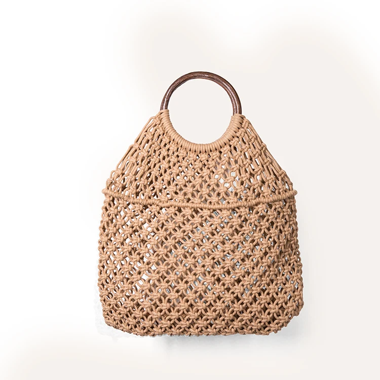 

Cotton Rope Hollow Straw Bag Sheer Macrame Tote with a natural look wooden Circle handles Mini Dress Net Bag Vintage Retro Chic