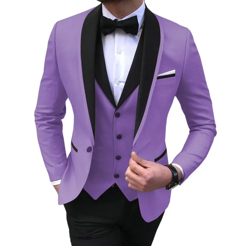 Mens 3 Pieces Party Slim Fit Suits Classic Design Shawl Lapel Tuxedos Prom Suit Blazer& Pants& Vest for Wedding - Цвет: Purple