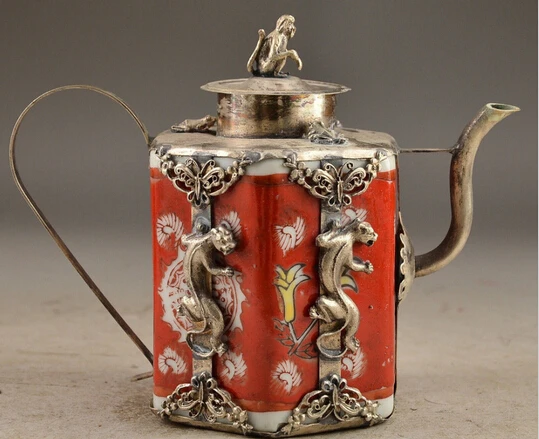 

B0601 425Copper Porcelain Chinese Collectable Handwork Old Carving Leopard Tea Pot Garden Decoration 100% real Tibetan