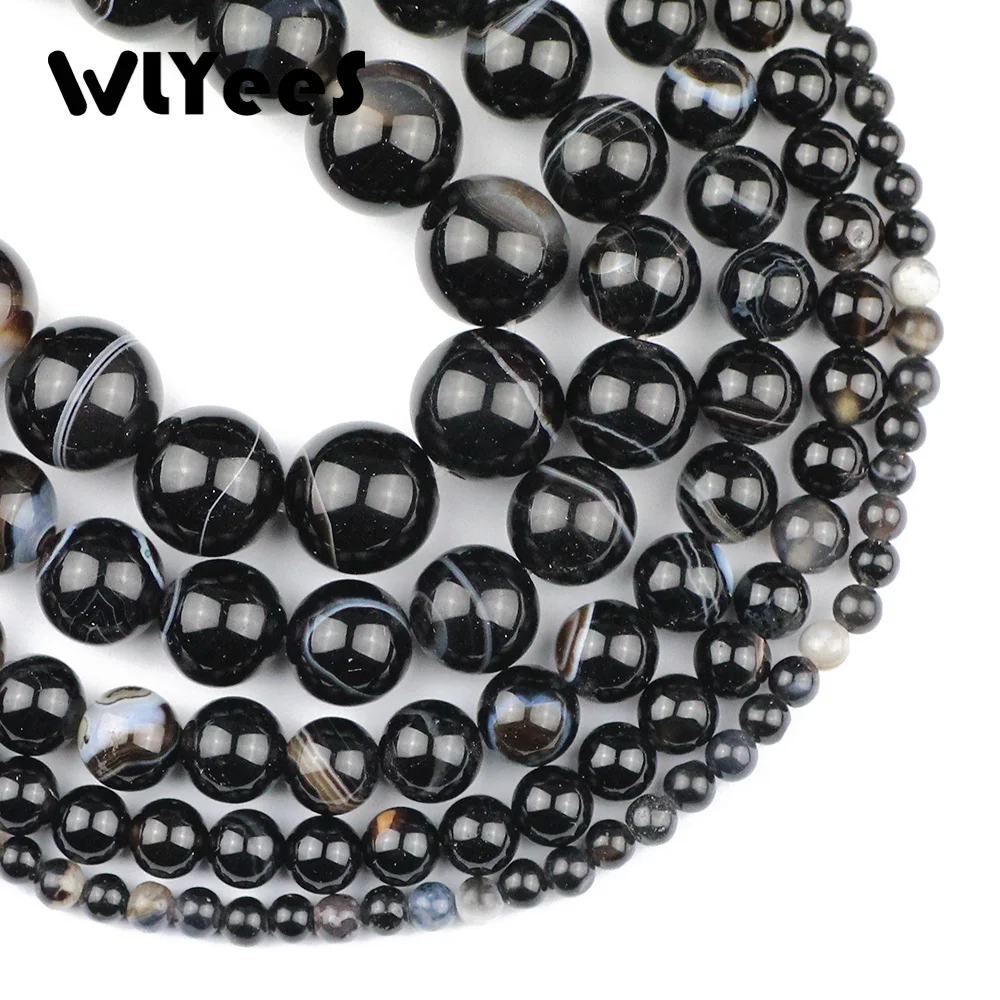 

WLYeeS Natural Black Stripe banded carnelian Round ball 4-12mm Loose Space beads women DIY jewelry Bracelet Making Accessory 15"