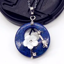 100-Unique 1 Pcs Silver Plated Round Hollow with Flower Lapis Lazuli Pendant Link Chain Necklace Vintage Jewelry