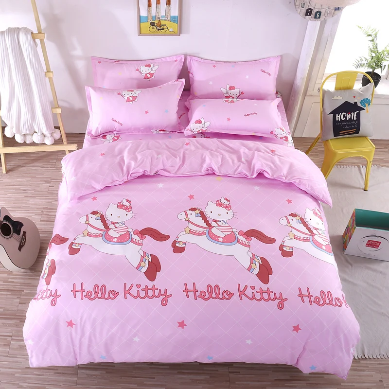 

Cartoon hello kitty bedding sets pink princess girls duvet cover sets twin full queen king plaid children bedclothes flat sheet