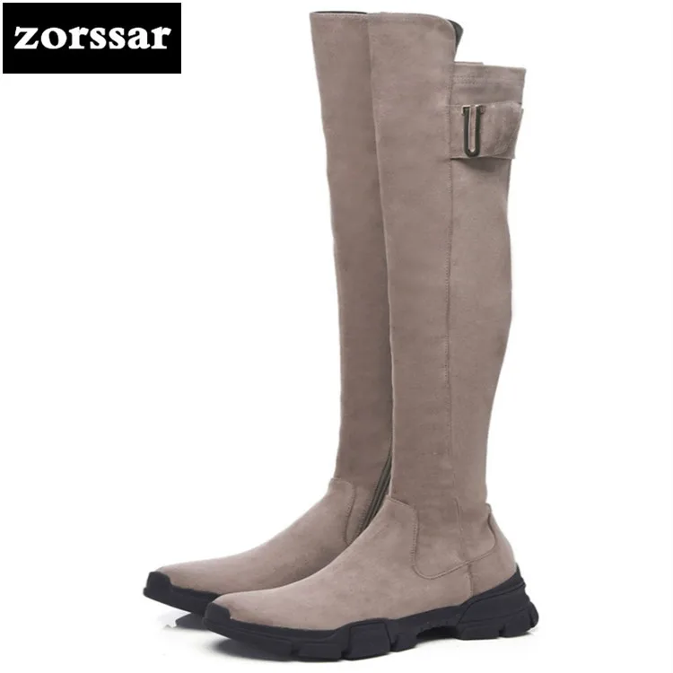 

{Zorssar} Fashion Knee High Snow Boots Sexy Over The Knee Boots Cow Suede Leather Stretch Thigh High Boots For Women flat boots