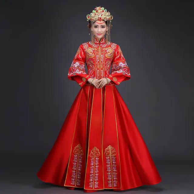 Rot Gold Phoenix Stickerei Kleider Weibliche Traditionelle Chinesische