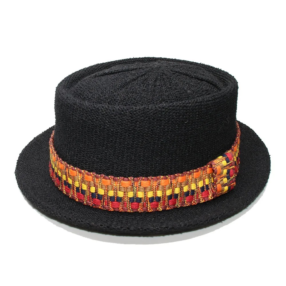 

LUCKYLIANJI Summer Retro Women Men's Polyester Dome Flat Pork Pie Cap Sun Beach Jazz Pork-pie Hat Vintage Braided Band (56-58cm)