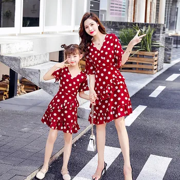 

WLG family matching clothes mommy and me clothes black wine red dot printed summer dresses