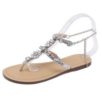 JIANBUDAN/ Для женщин сандалии без каблука Стразы цепи Thongs Гладиатор сандалии со стразами Большие размеры 35-46 - Цвет: Silver