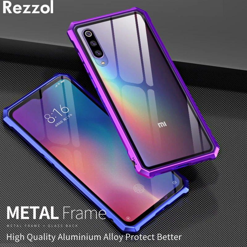 Rezzol For Xiaomi mi 9 Case Transparent Tempered Glass Back Cover Metal Frame Cases For Xiaomi mi9 mi 9 phone case fundas