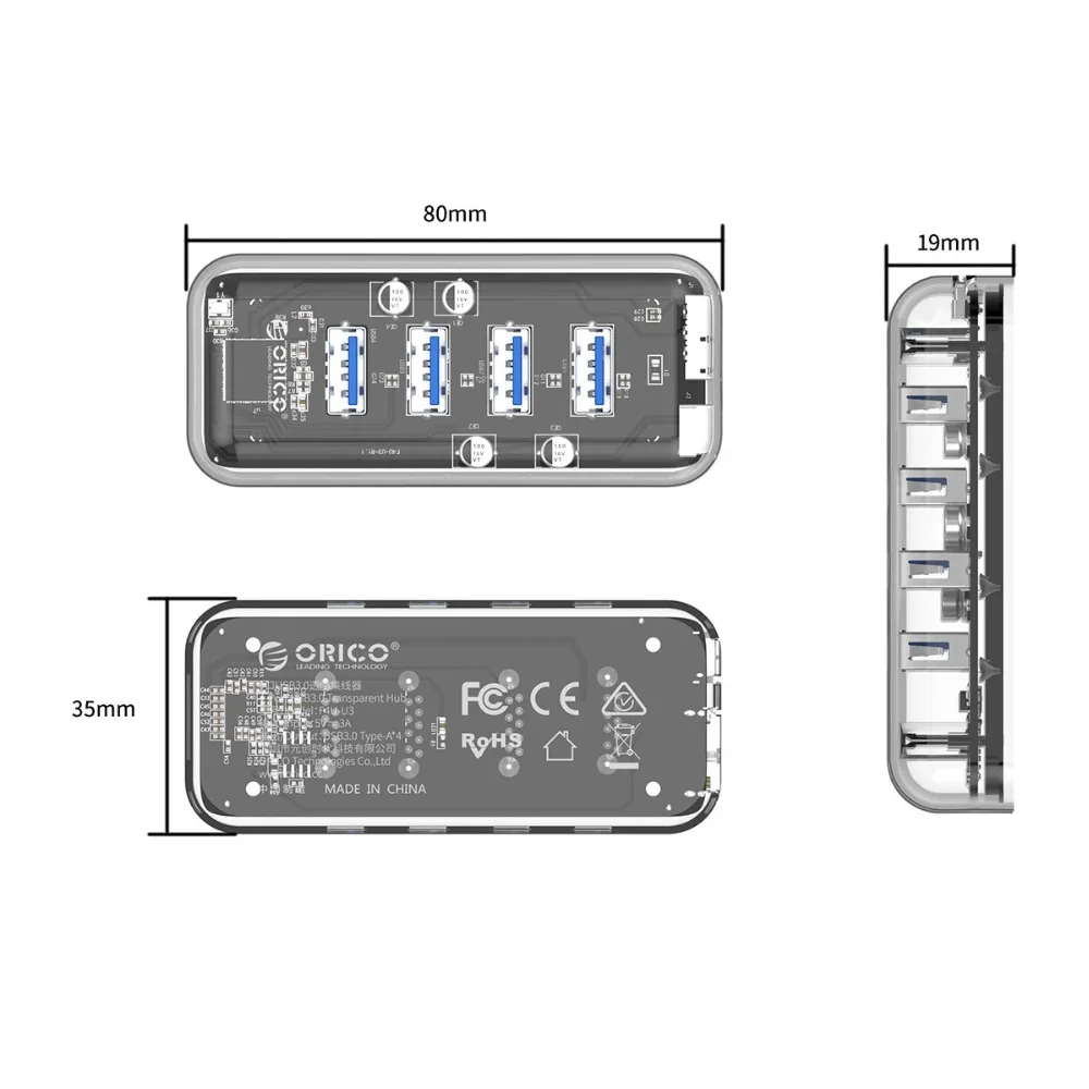 ORICO Настольный Прозрачный USB 3,0 концентратор 4 порта 5 Гбит/с высокоскоростное зарядное устройство для мобильного телефона Windows Mac Linux ноутбук ПК