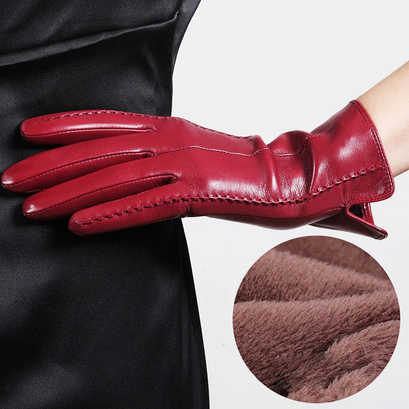 

High Quality Leather Female Fashion Winter Plus Coral Velvet Warm Gloves Women Driving Touch Screen Gloves Mittens Free Shipping