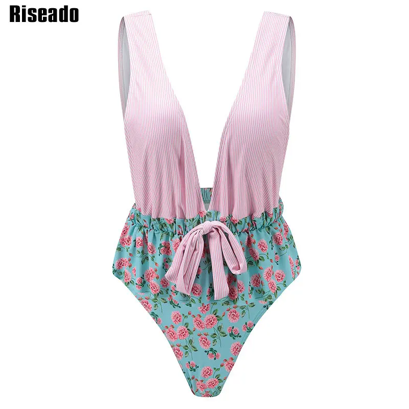 

Riseado 2019 One Piece Swimsuit Sexy Plunging Swimwear Women High Cut Floral Print Swimsuits Bathing Suits Patchwork Beachwear