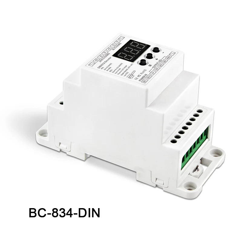 

New BC-834-DIN DIN Rail 4CH Constant voltage DC12 24V 6A*4CH output DMX512/1990 Decoder controller for led strip light lamp