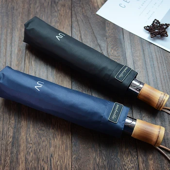 

New Bamboo Automatic Three Folding Umbrella For Women Anti Uv Black Coating Sunny And Rainy Umbrella Rain Women Male Chinese