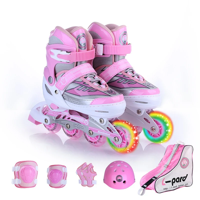 Прекрасный Один комплект Детская роликовая обувь для роликов, скейтборда шлем наколенник передач Регулируемая моющаяся мигающие колеса Patines