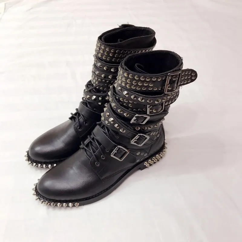 

Plus Size Hot Autumn Winter Shoes Woman Punk Studded Side Buckle Boots Designer Woman Casual Rivets Boots Woman Boots Tide Shoes