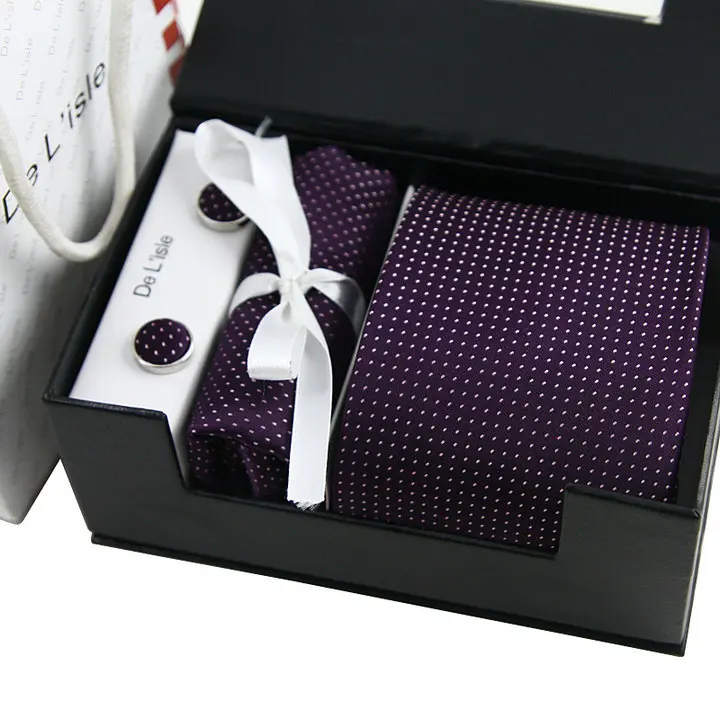 Премиум нано водонепроницаемая ткань жаккардовый галстук запонки Hanky подарочный набор роскошный подарок с подарочной коробкой и сумочкой - Цвет: QUARTZ PURPLE