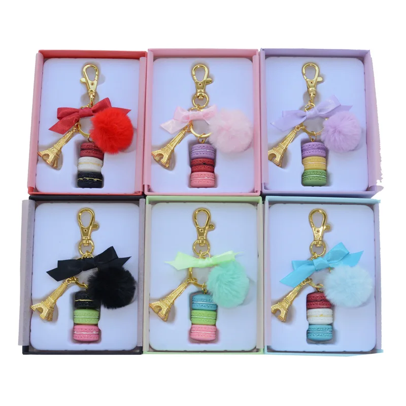 

KC18 Pompons Keychains Big Macaroon Macaron Effiel Tower Keychain furball Faux Rabbit Fur Keyring Car Bag Key Chain new pomGifts