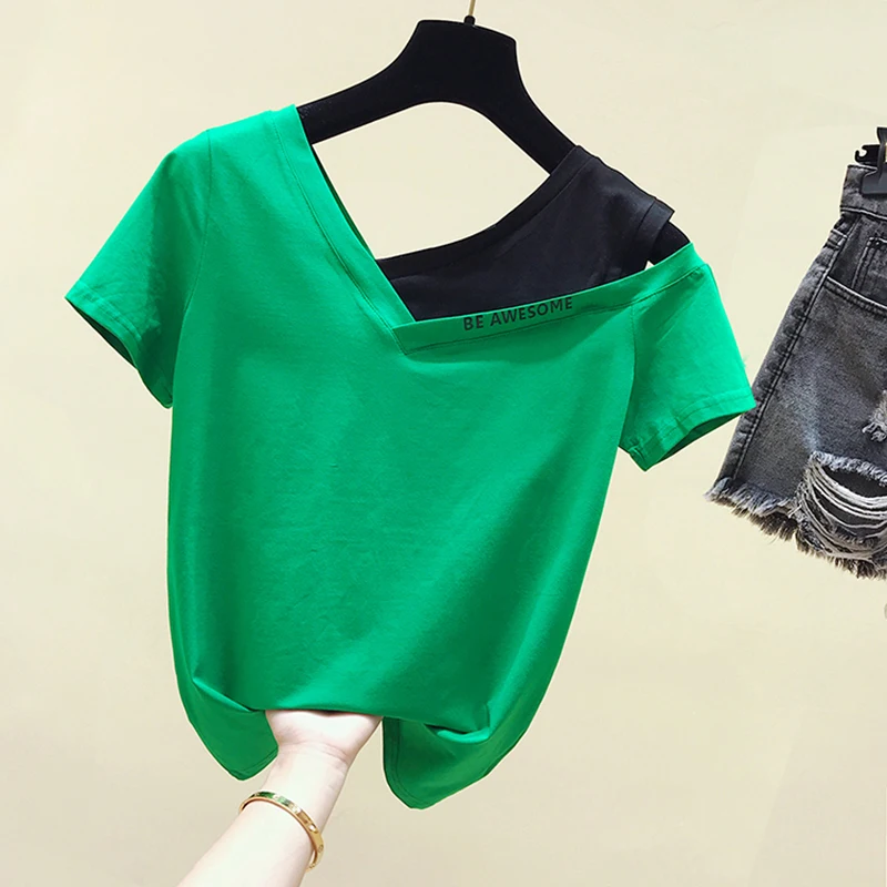

V-Neck Off The Shoulder Tops For Women T Shirt Women 2019 Cotton T-Shirt Female Fashion Korean Woman Clothes Tshirt Femme