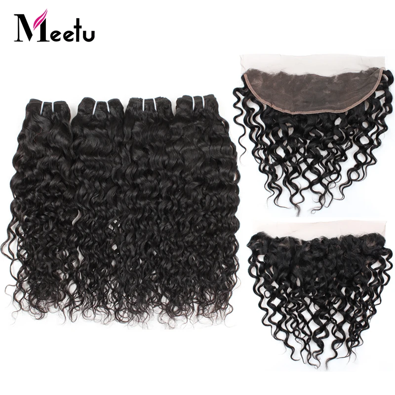 

Meetu Indian Water Wave Bundles with Frontal 13x4 inch Non Remy Human Hair Bundles with Frontal 4 Bundles with Frontal Free Part