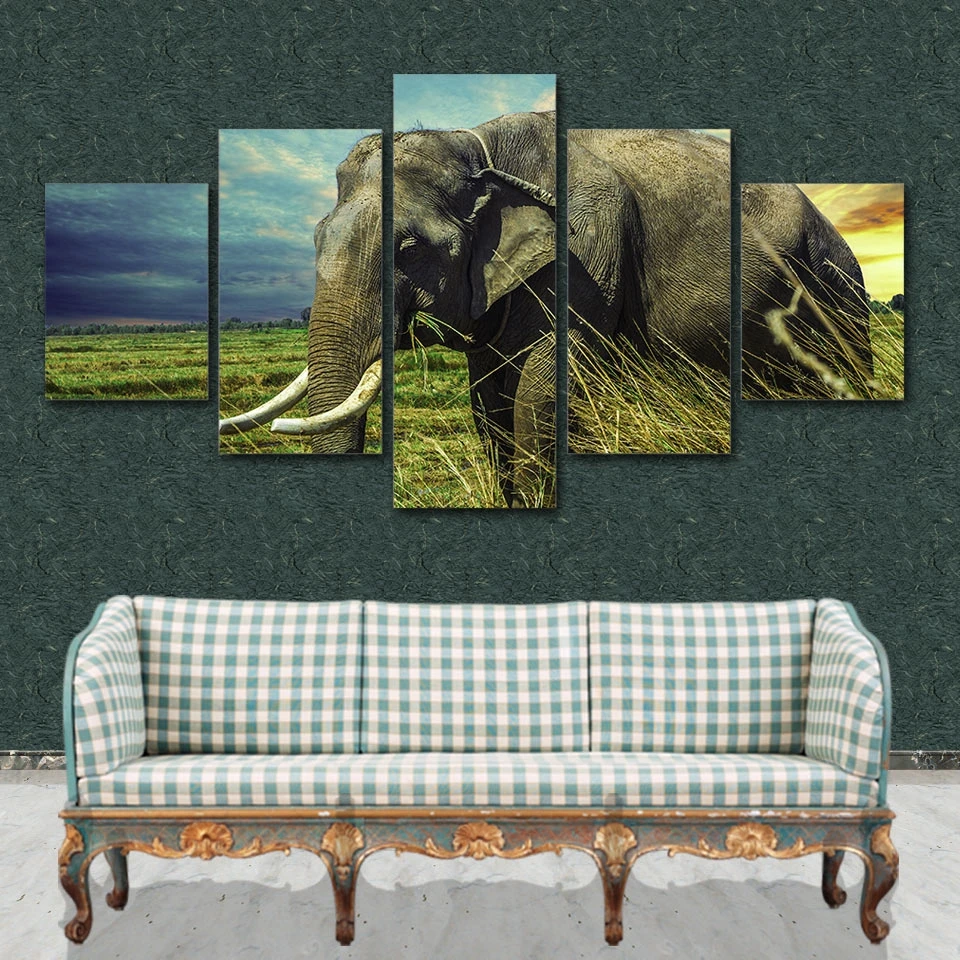 

Home Decor Modular Pictures Frame 5 Pieces Africa Elephant Animal Landscape Canvas Painting Living Room Printed Poster Wall Art