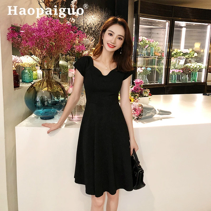 

2019 Summer Slim Korean Dress Women Big Swing Corset Pleated Midi Dress Women Short Sleeve Casual Elegant Black Dresses Ladies