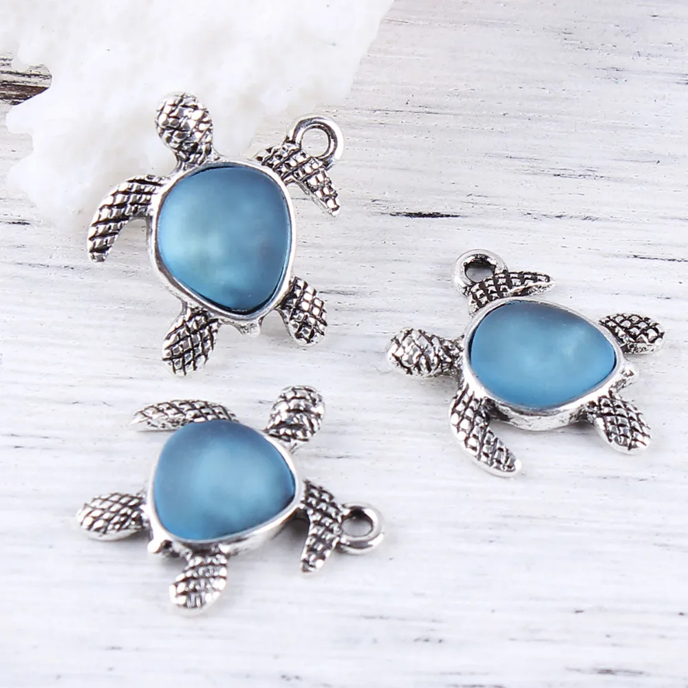 

DoreenBeads Zinc Based Alloy Antique Silver Sea Glass Charms Sea Turtle Blue DIY Findings 21mm( 7/8") x 20mm( 6/8"), 5 PCs